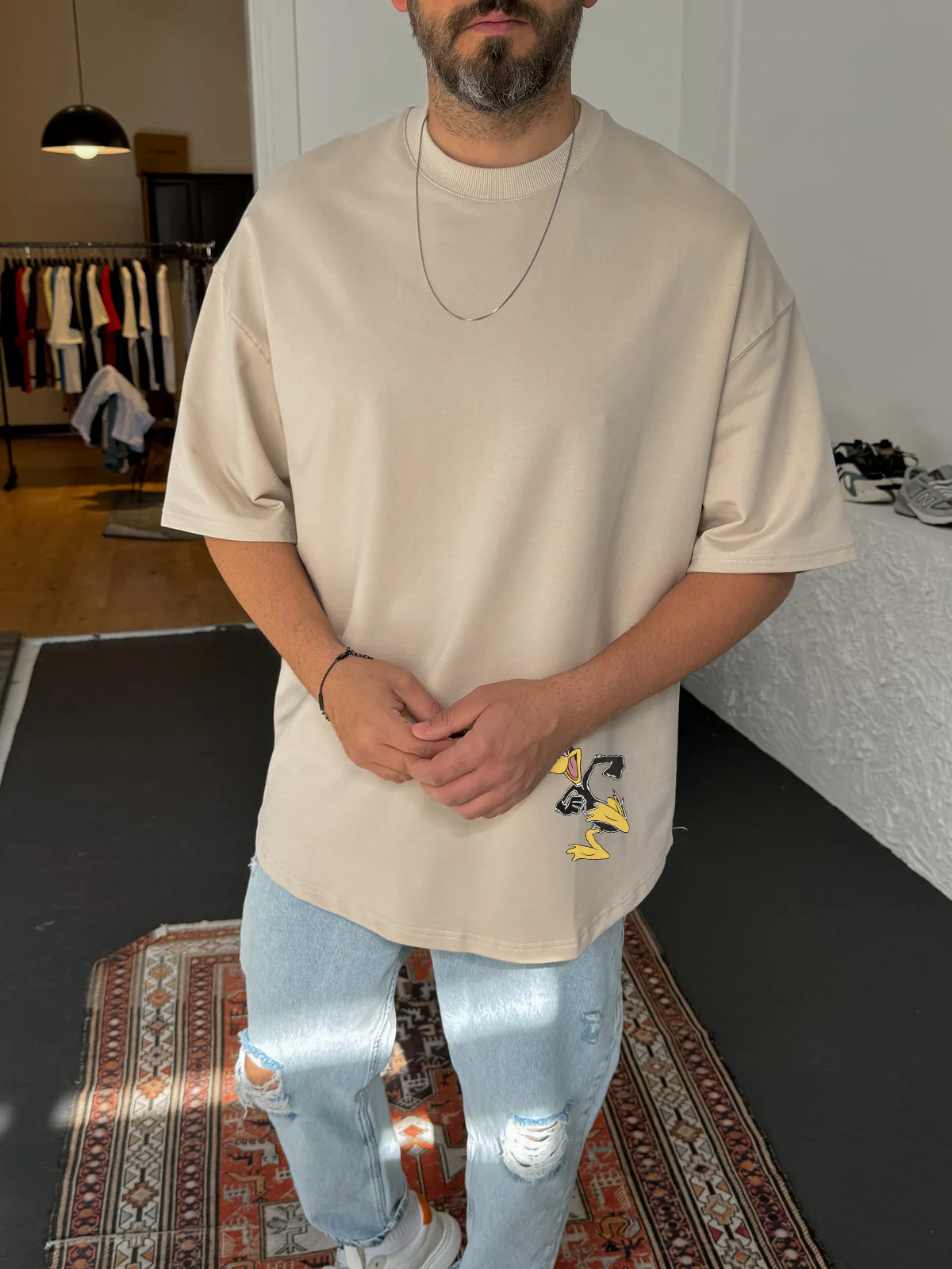 Beige "What's the duck" Printed Oversize T-Shirt - Image 2