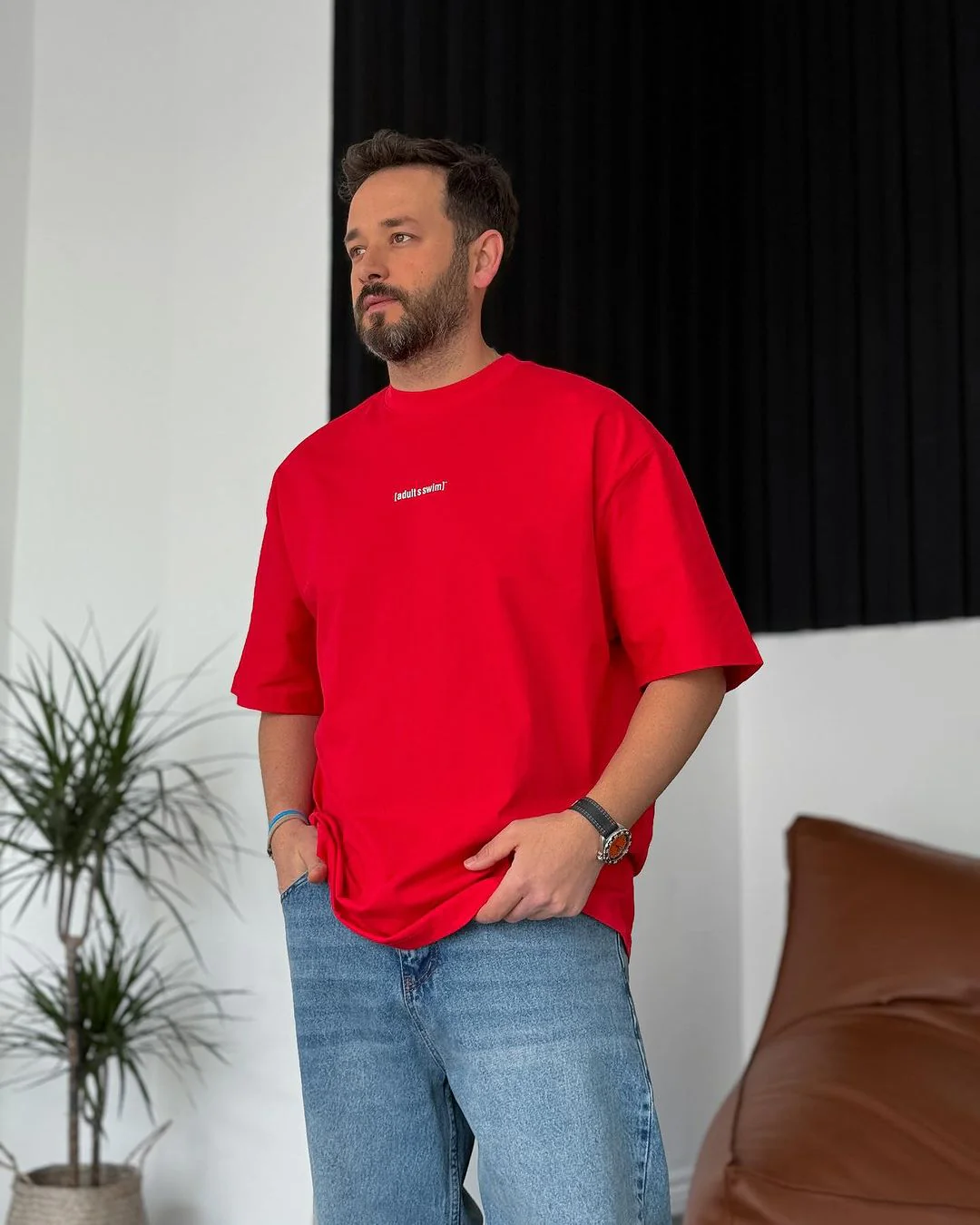 Red "Adults Swim" Printed Oversize T-Shirt - Image 2