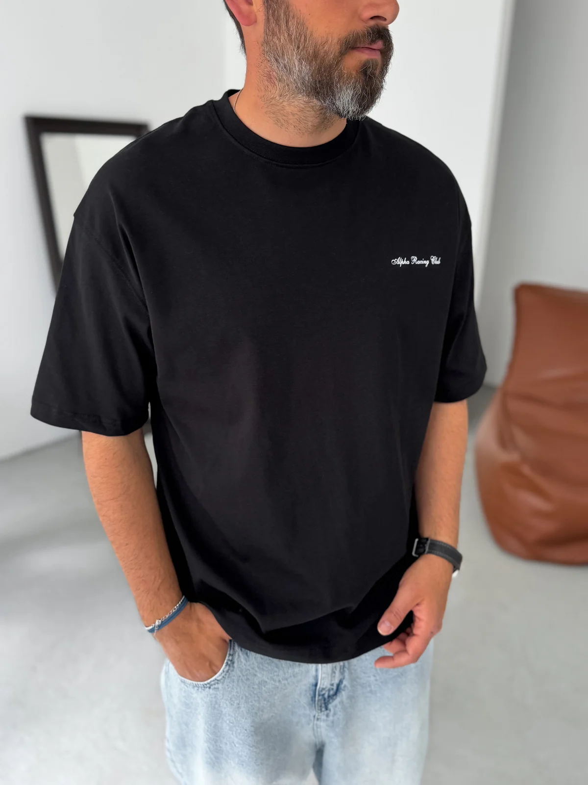 Premium Black 'Alpha Racing' Printed Oversize T-Shirt - Image 2