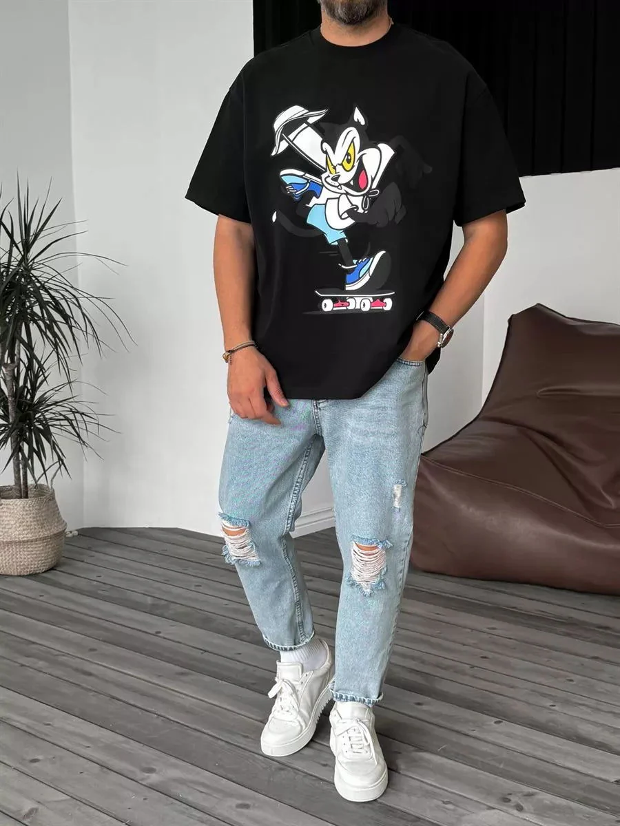 Black "Cat" Printed Oversize T-Shirt