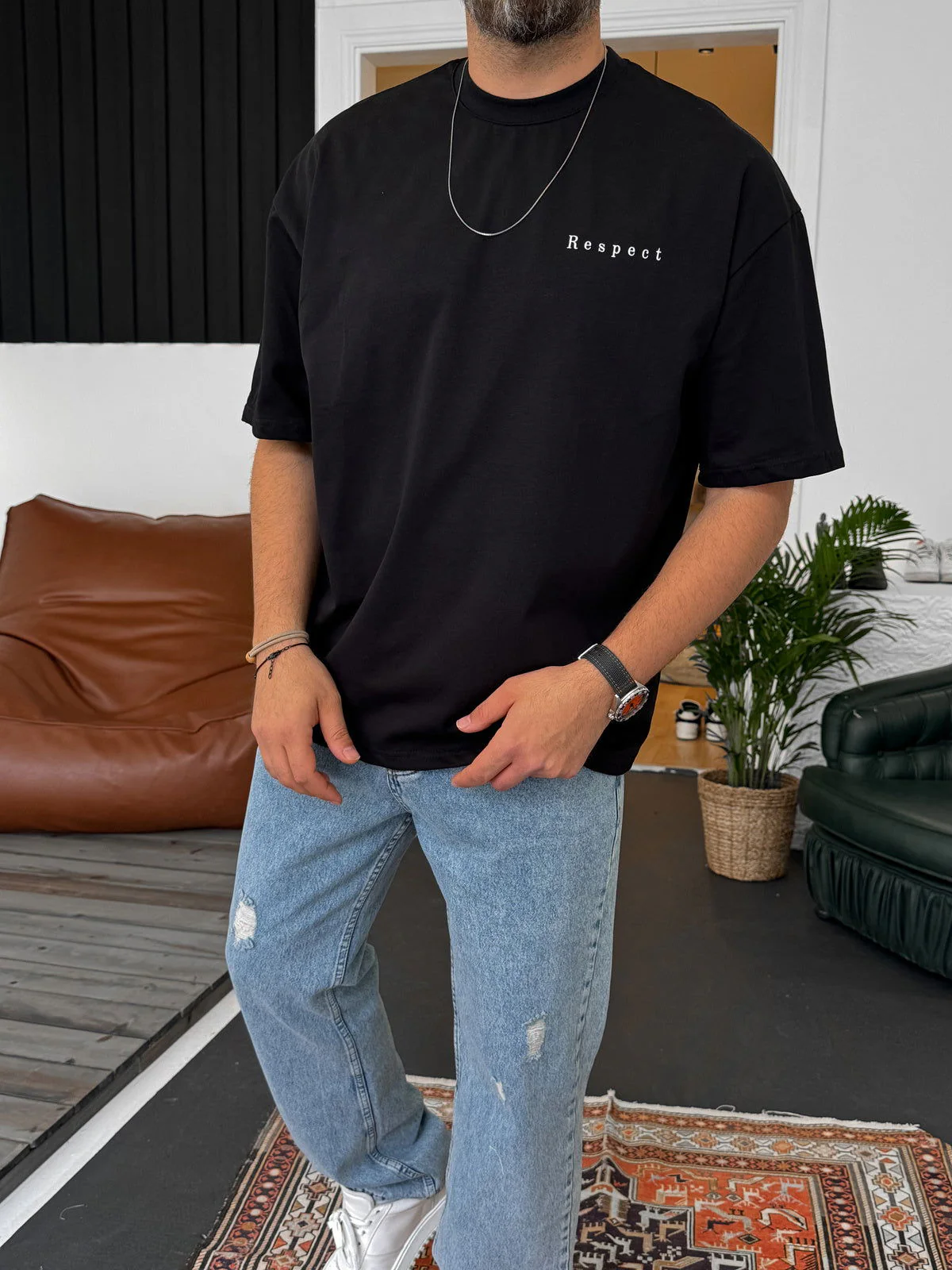 Premium Black "Flower" Printed Oversize T-Shirt - Image 2