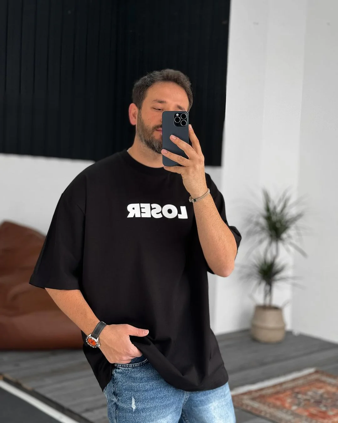 Black "Loser" Printed Oversize T-Shirt - Image 2