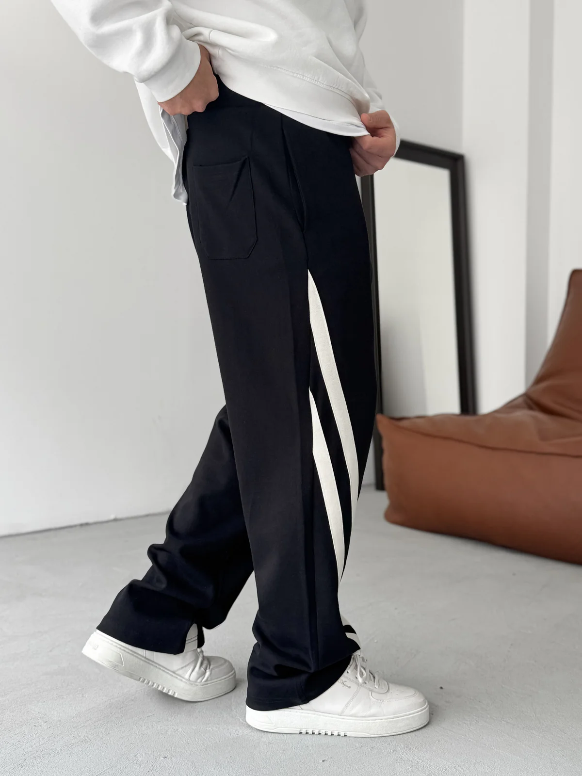Black Oblique Striped Straight Leg Summer Sweatpants - Image 4