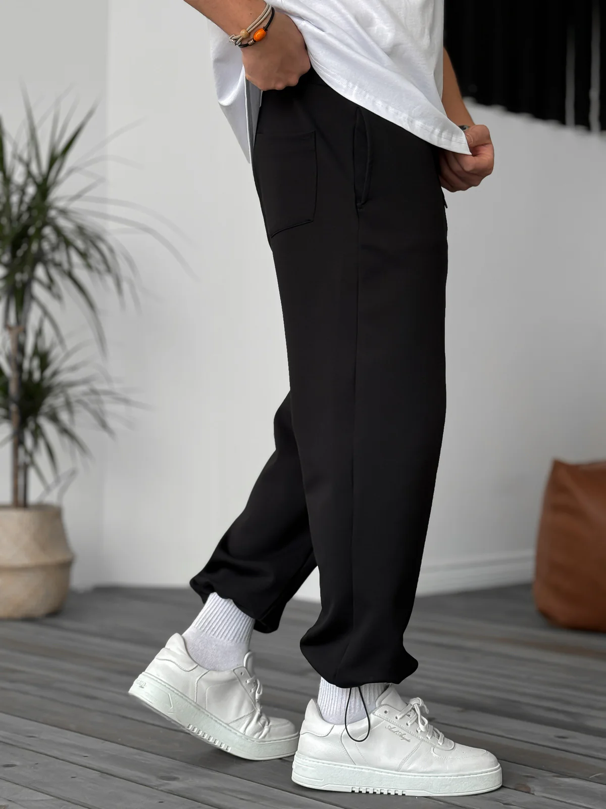 Black "PM" Printed Summer Sweatpants - Image 4