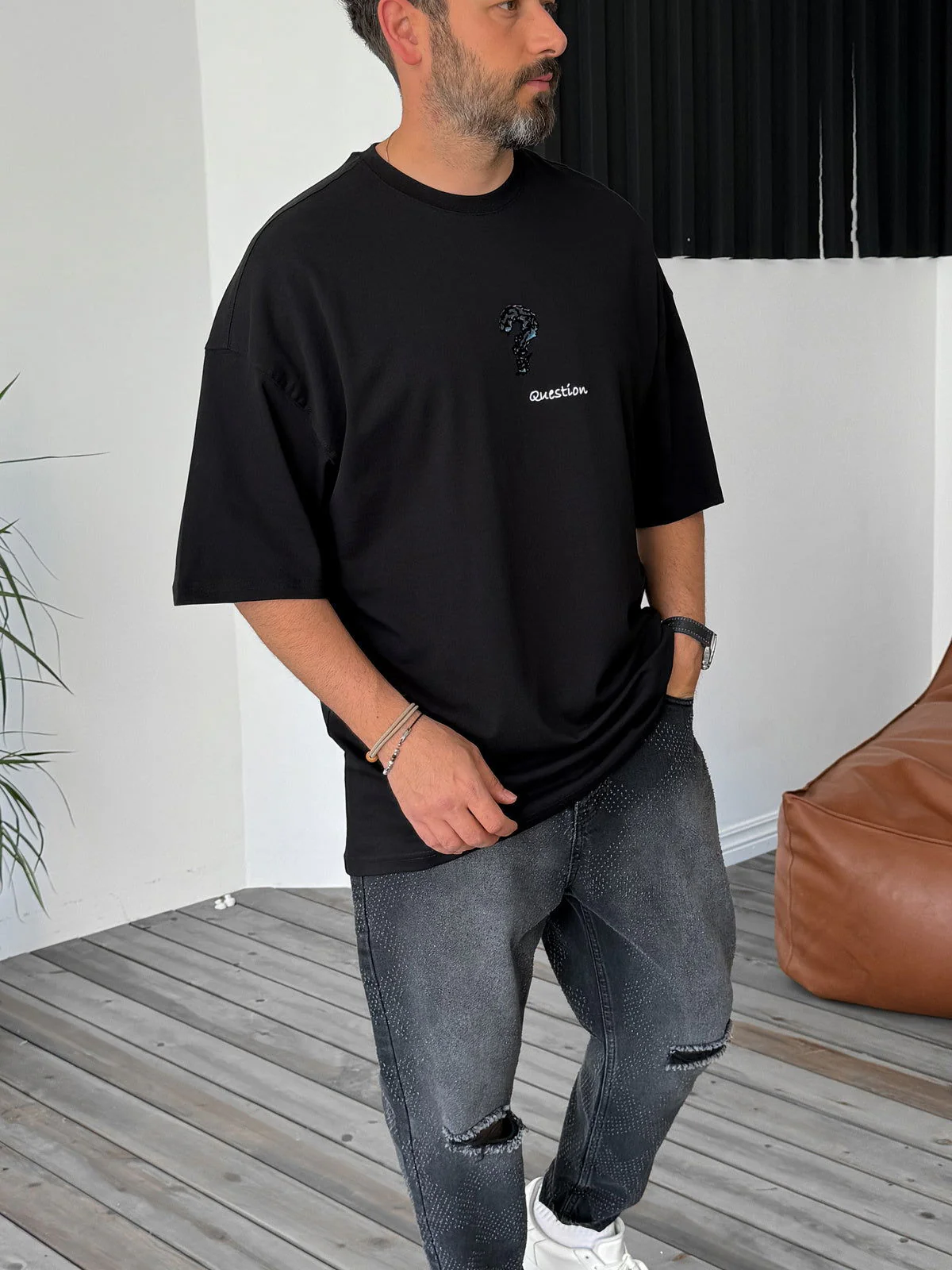 Premium Black "Question" Printed Oversize T-Shirt - Image 2