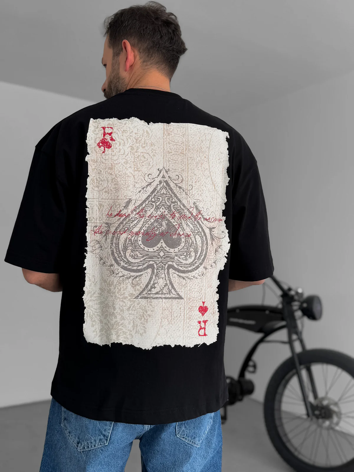 Black "R of spades" printed Oversize T-Shirt