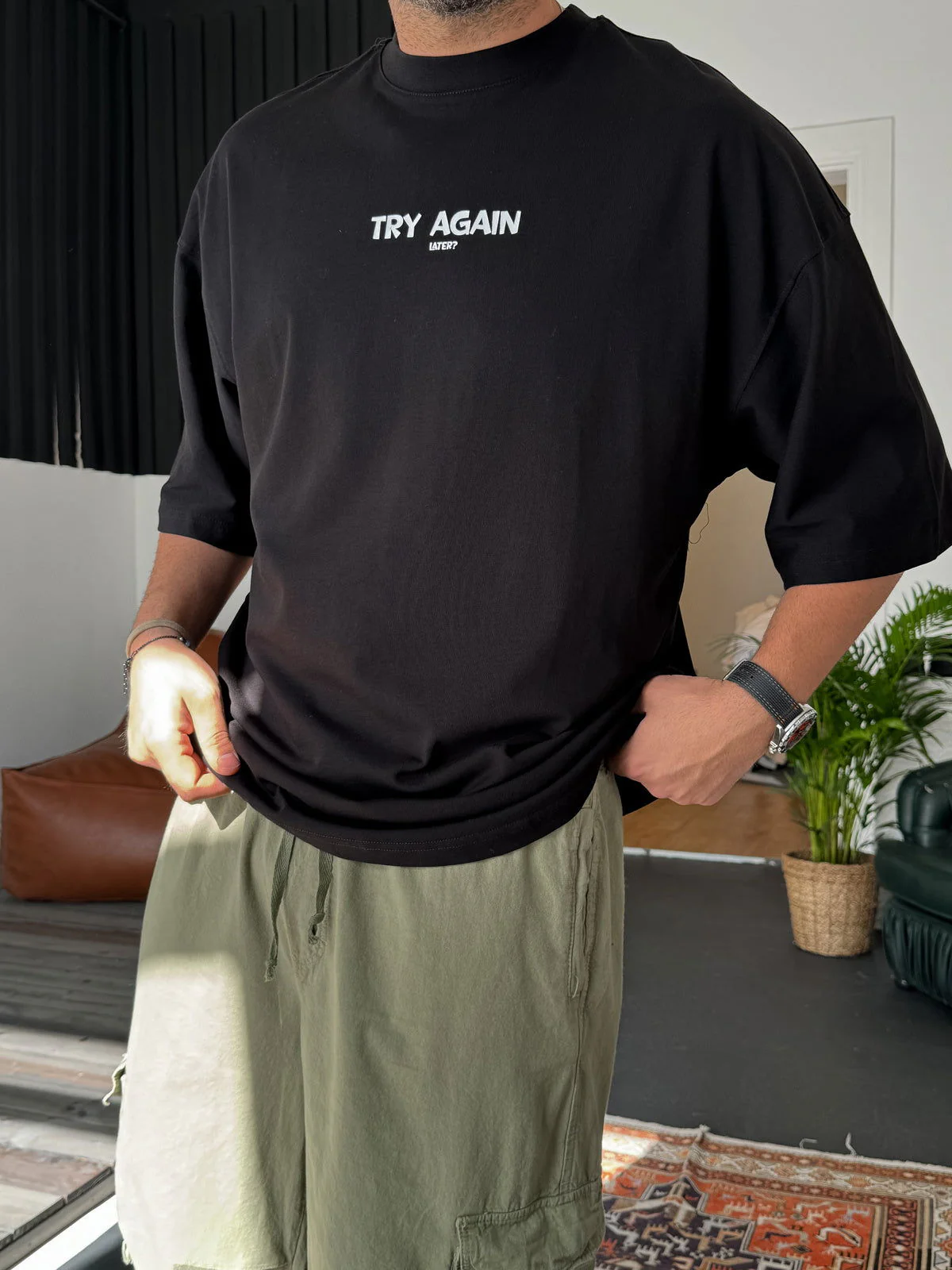 Black "Try Again" Printed Oversize T-Shirt - Image 2