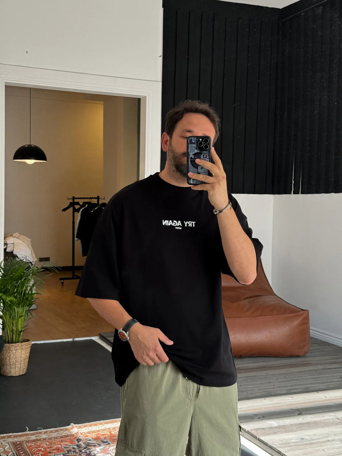 Black "Try Again" Printed Oversize T-Shirt - Image 3