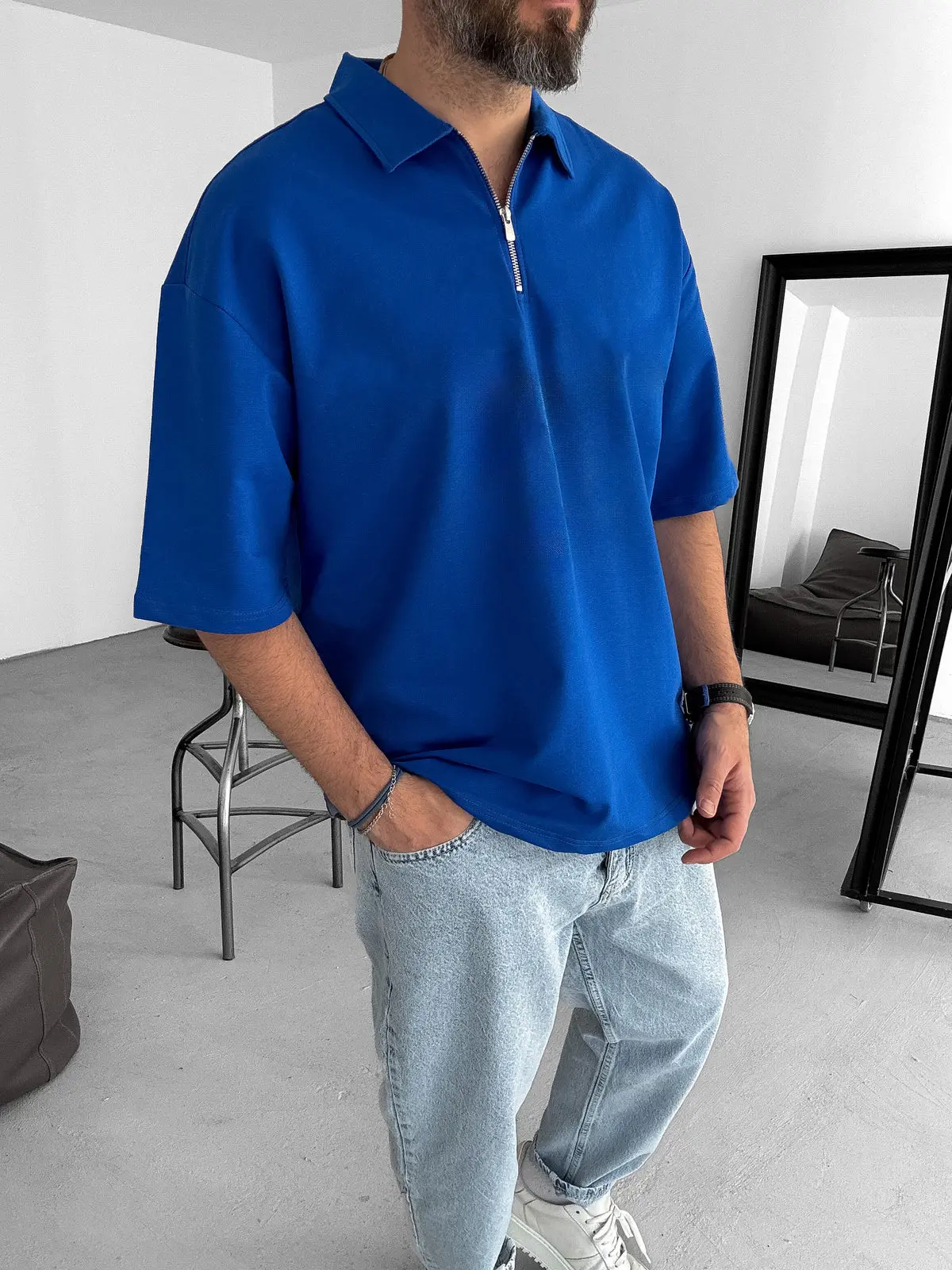 Blue Basic Half Zipper T-Shirt - Image 2