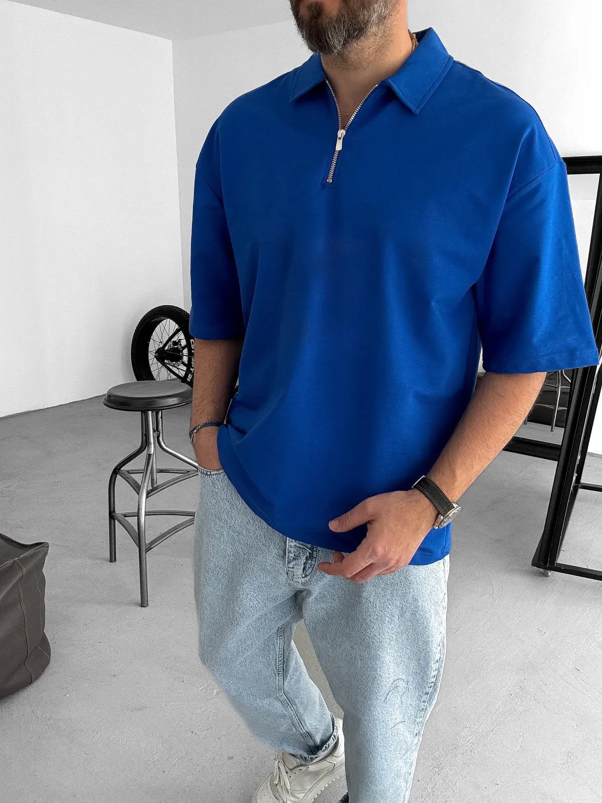 Blue Basic Half Zipper T-Shirt - Image 3