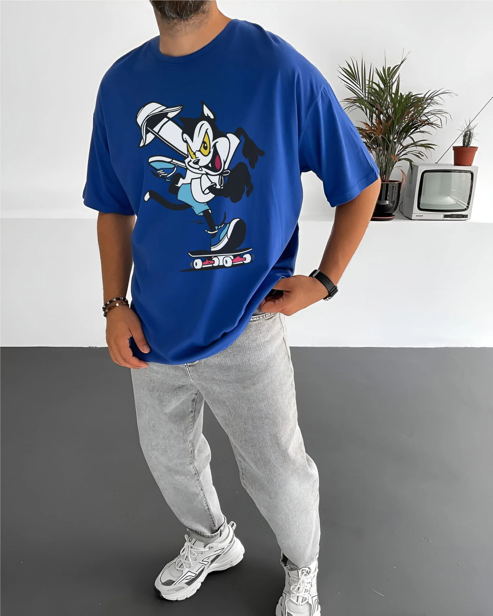 Royal Blue "Cat" Printed Oversize T-Shirt