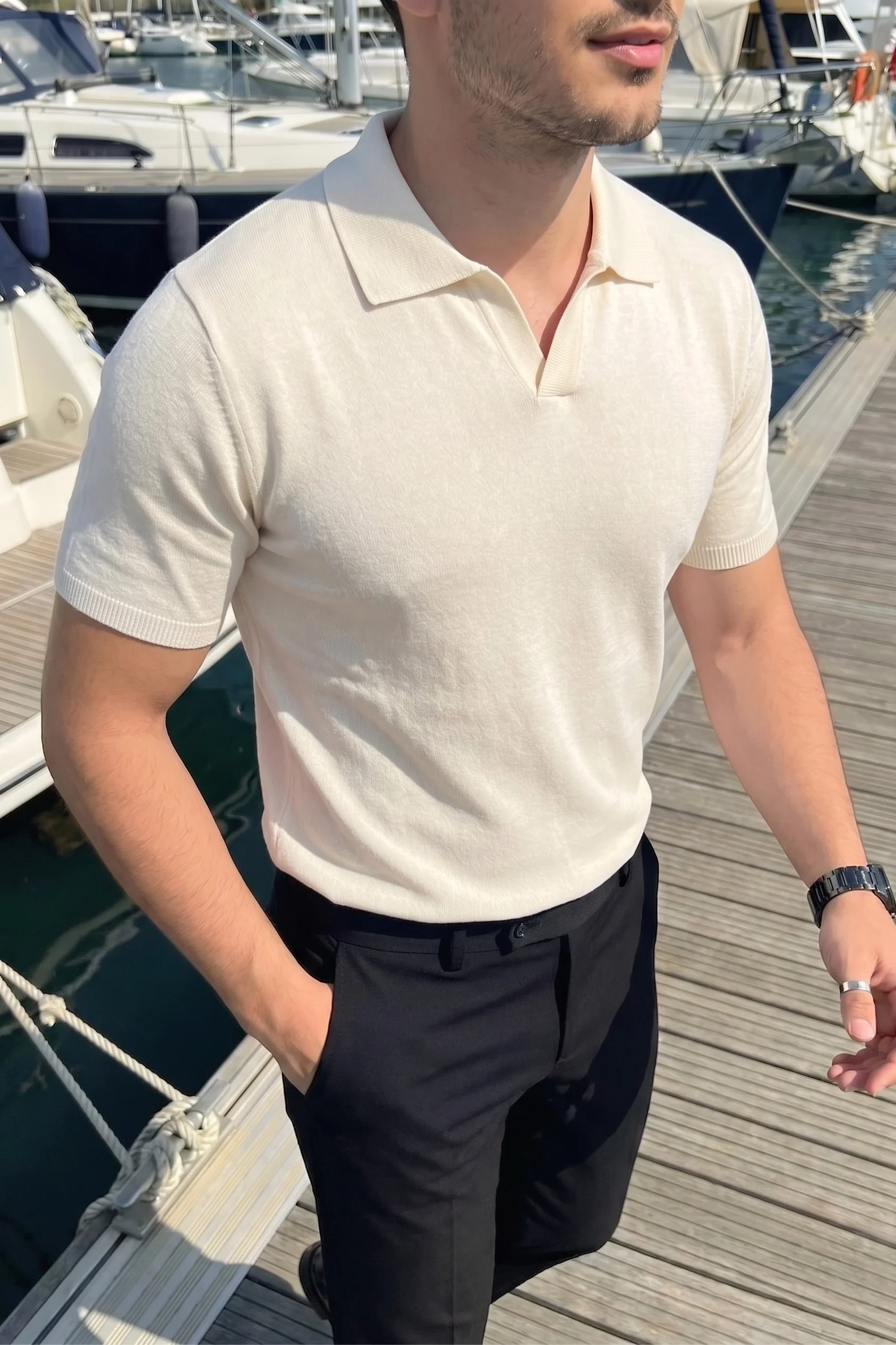 Knitted Polo T-Shirt – Beige - Image 3