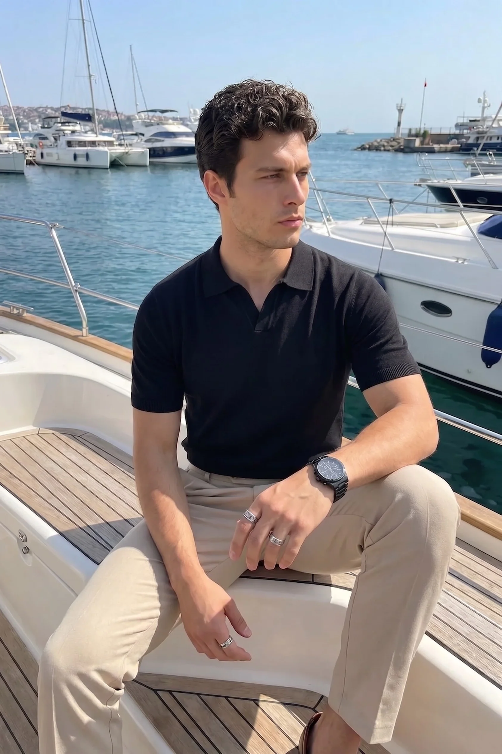 Knitted Polo T-Shirt – Black - Image 5