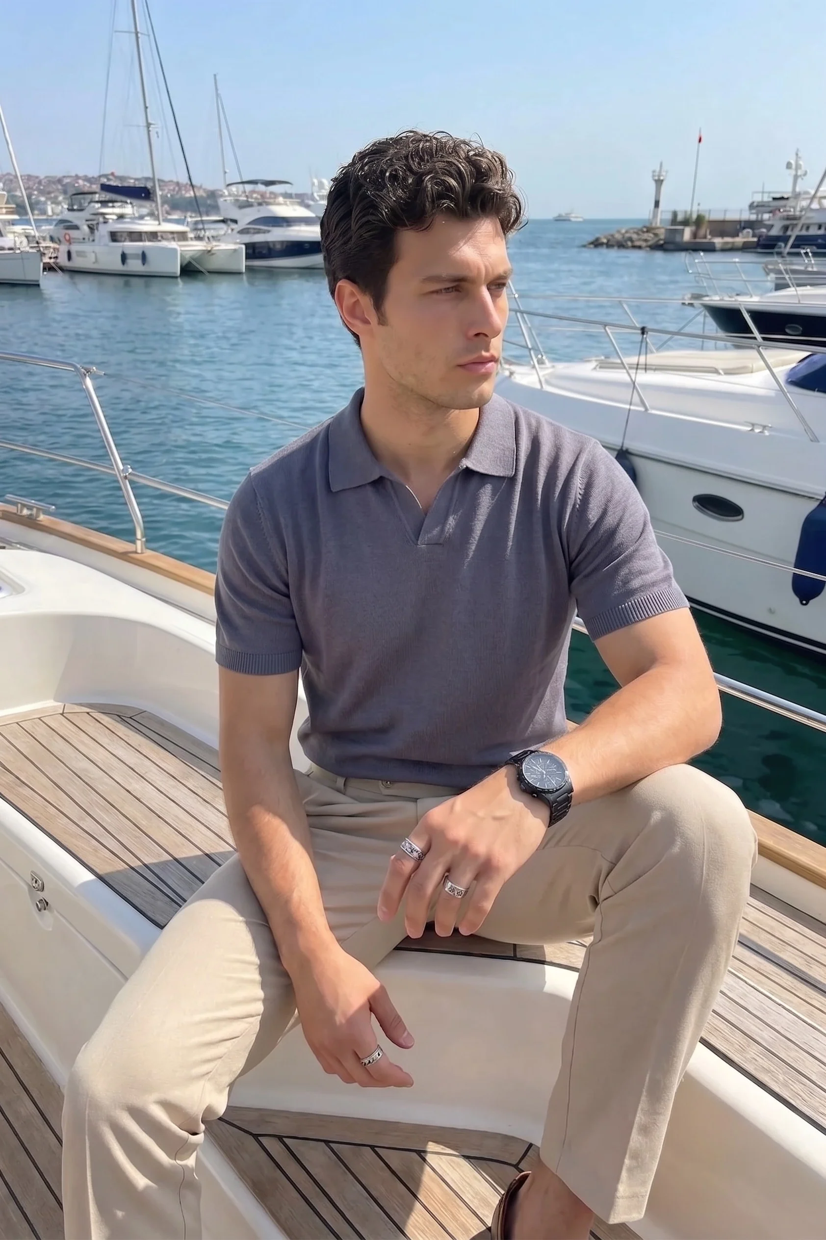 Knitted Polo T-Shirt – Dark Grey - Image 4