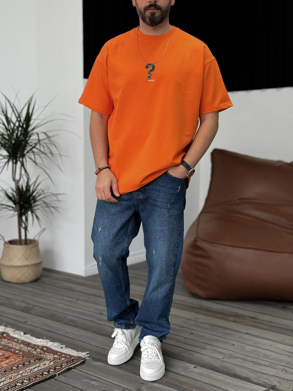 Orange "Question" printed Oversize T-Shirt - Image 2
