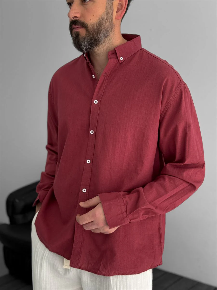 Pure Linen Burgundy Shirt - Image 3