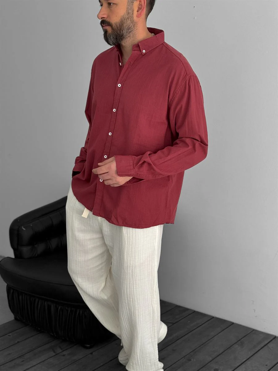 Pure Linen Burgundy Shirt - Image 8