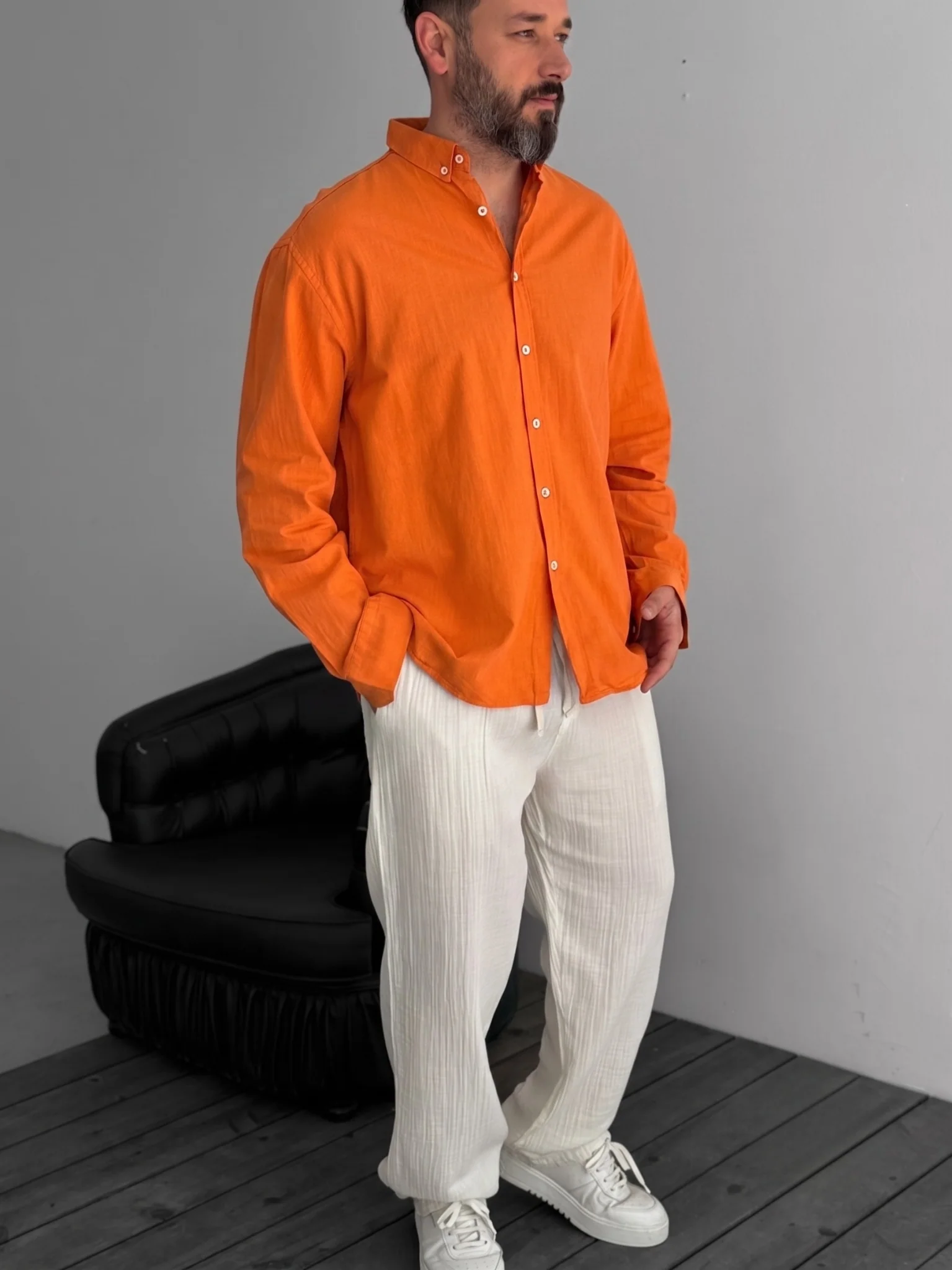 Pure Linen Orange Shirt - Image 2