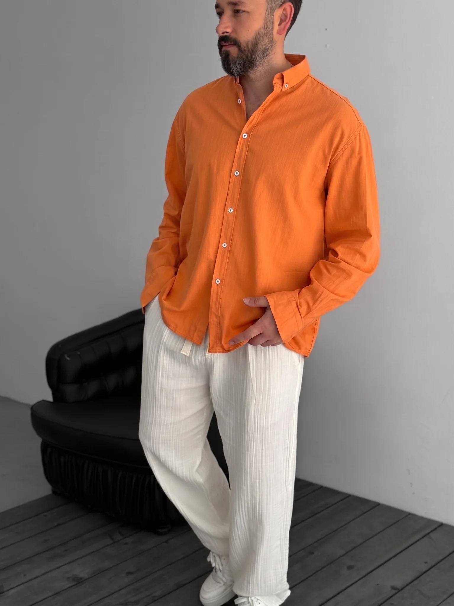 Pure Linen Orange Shirt - Image 3