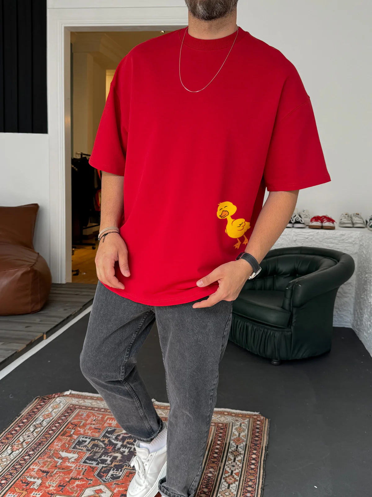 Red "Duck Lover" printed Oversize T-Shirt - Image 2