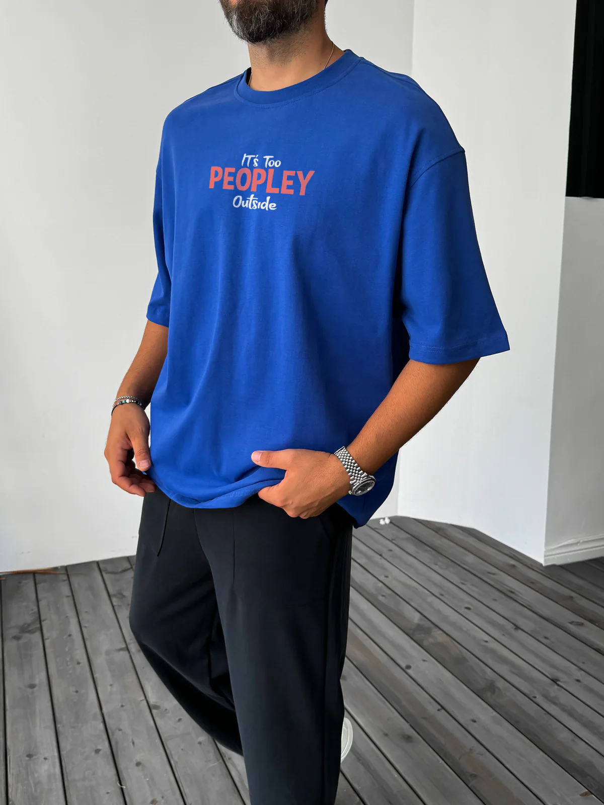 Royal Blue "It's Too Peoply" printed Oversize T-Shirt - Image 2