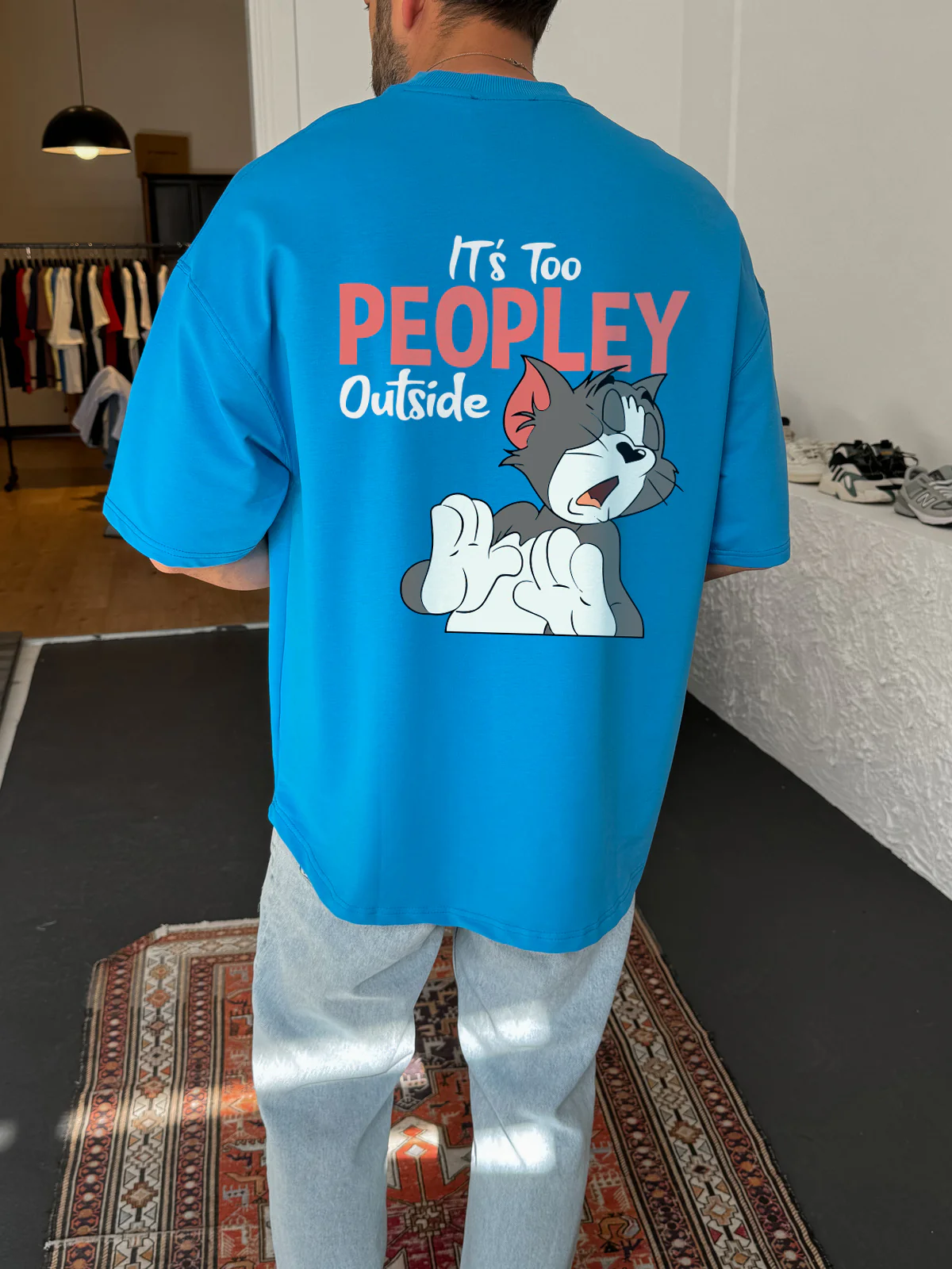 Sky Blue "It's Too Peoply" Printed Oversize T-Shirt