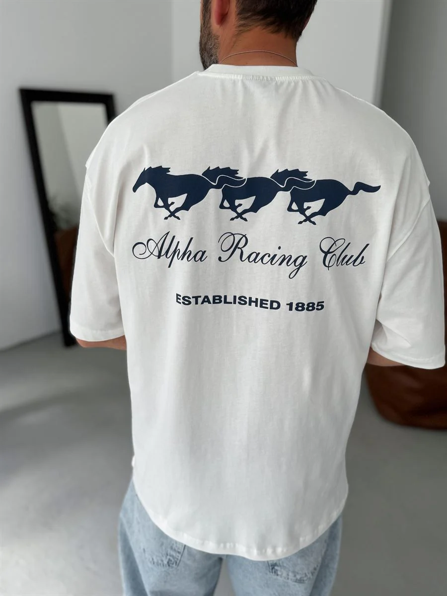 Premium White "Alpha Racing" Printed Oversize T-Shirt