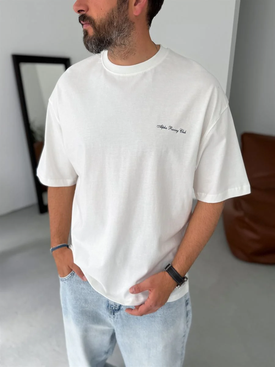 Premium White "Alpha Racing" Printed Oversize T-Shirt - Image 2