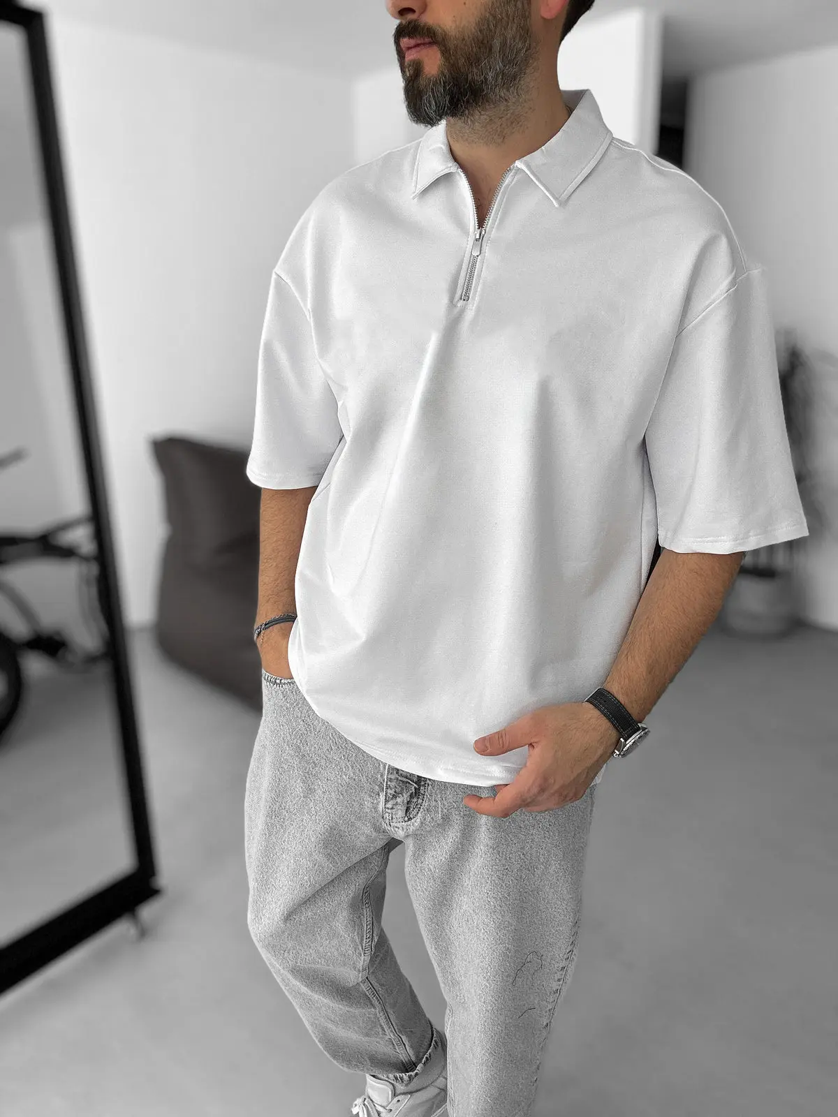 White Basic Half Zipper T-Shirt - Image 2