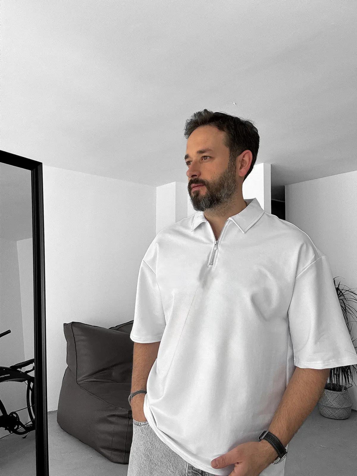 White Basic Half Zipper T-Shirt - Image 3
