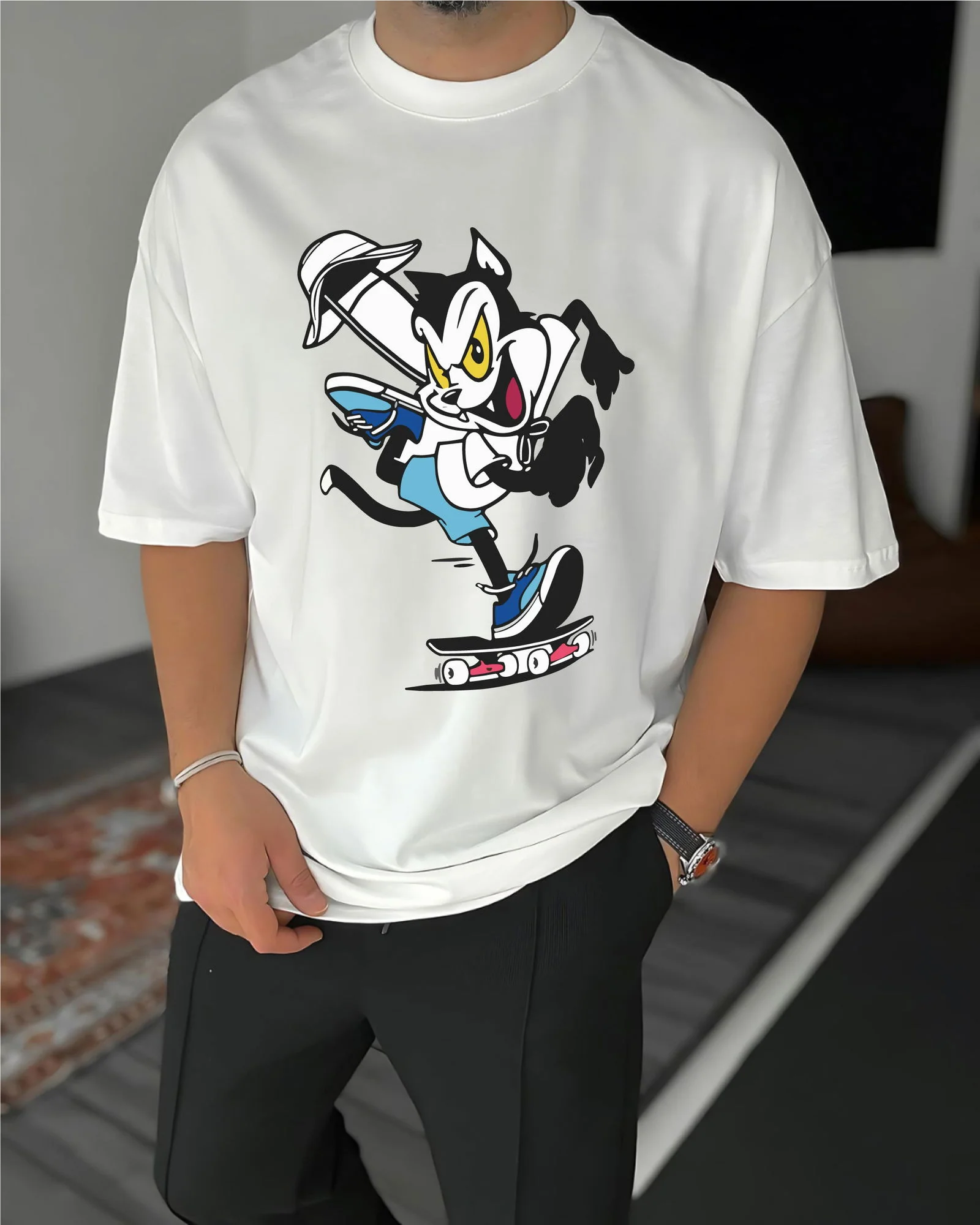 White "Cat" Printed Oversize T-Shirt