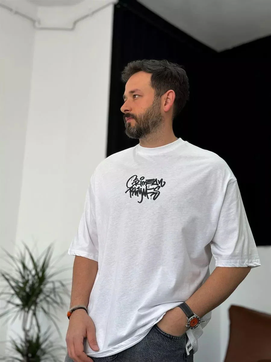 White "Crime" Printed Oversize T-Shirt - Image 2