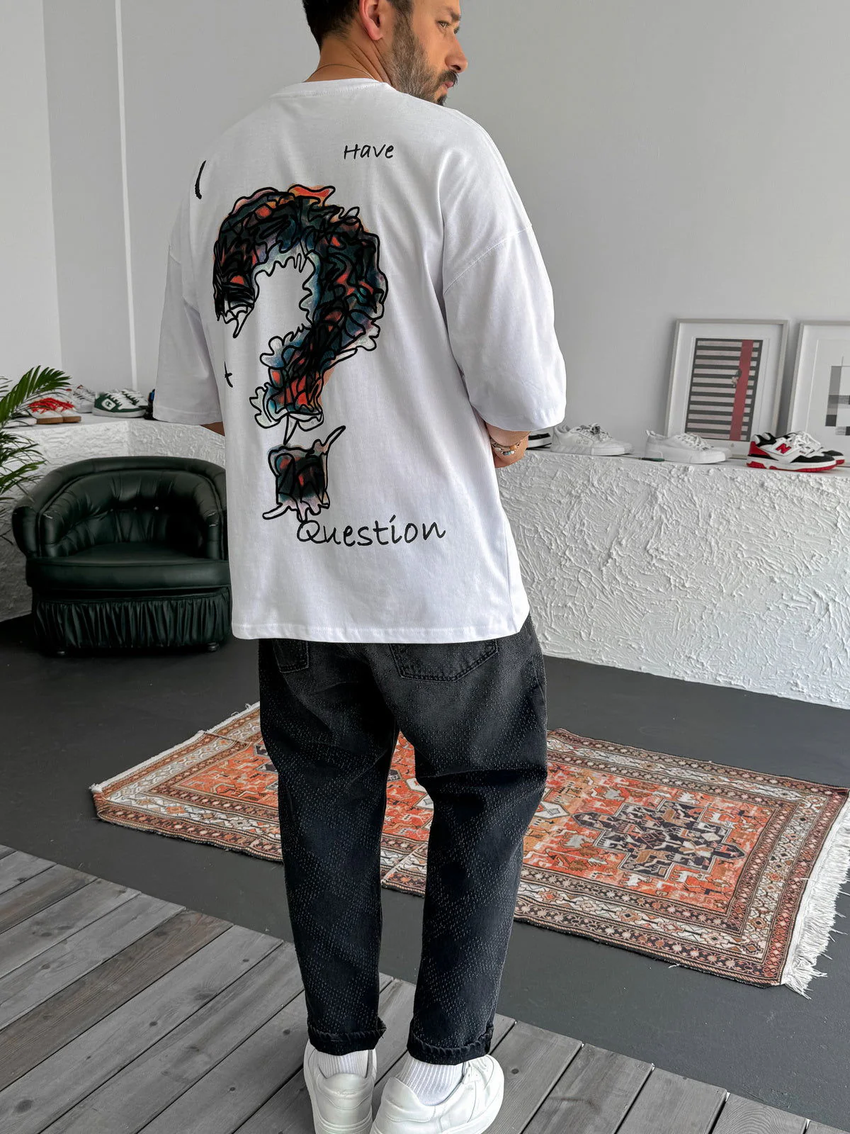 White "Question" Printed Oversize T-Shirt - Image 2