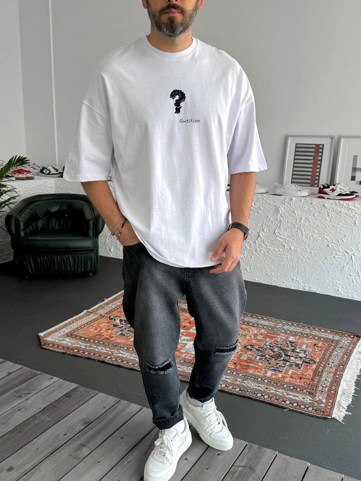White "Question" Printed Oversize T-Shirt - Image 3