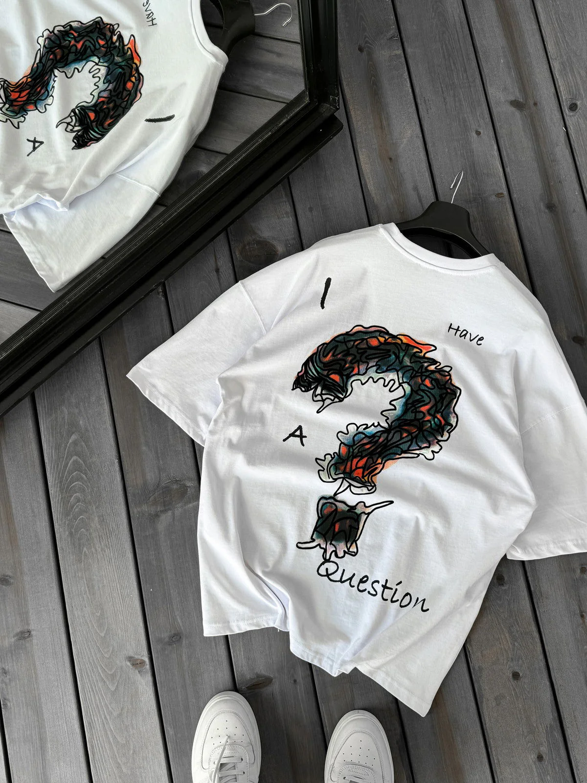 White "Question" Printed Oversize T-Shirt - Image 5