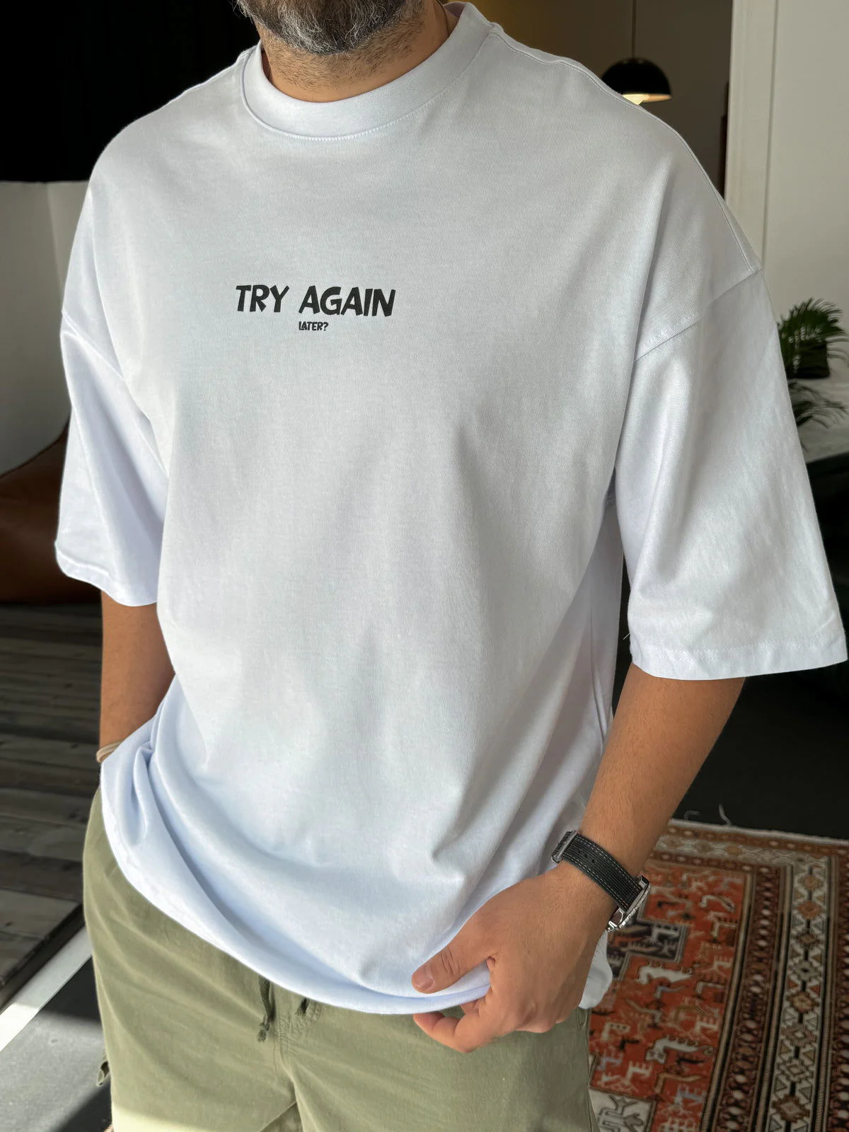 White "Try Again" Printed Oversize T-Shirt - Image 3