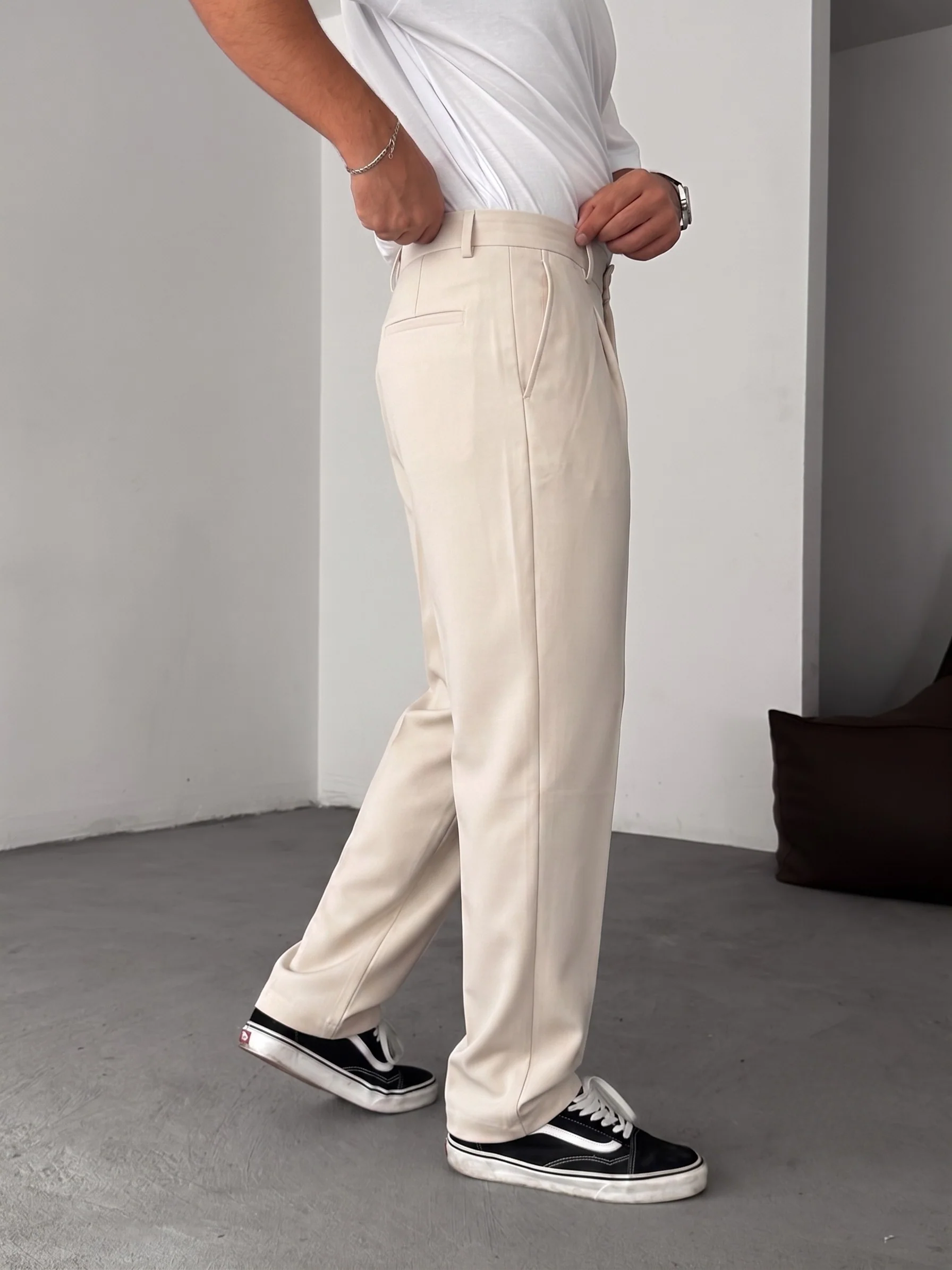 Wide Leg Chino Trousers - Beige - Image 5