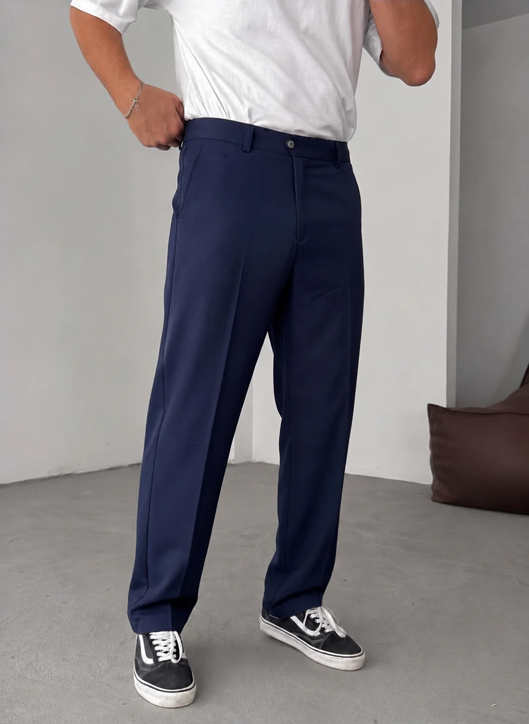 Wide Leg Chino Trousers - Navy Blue - Image 4